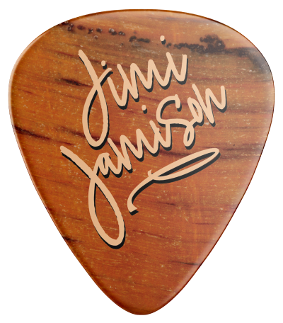 Guitar pick decorated with text Jimi Jamison