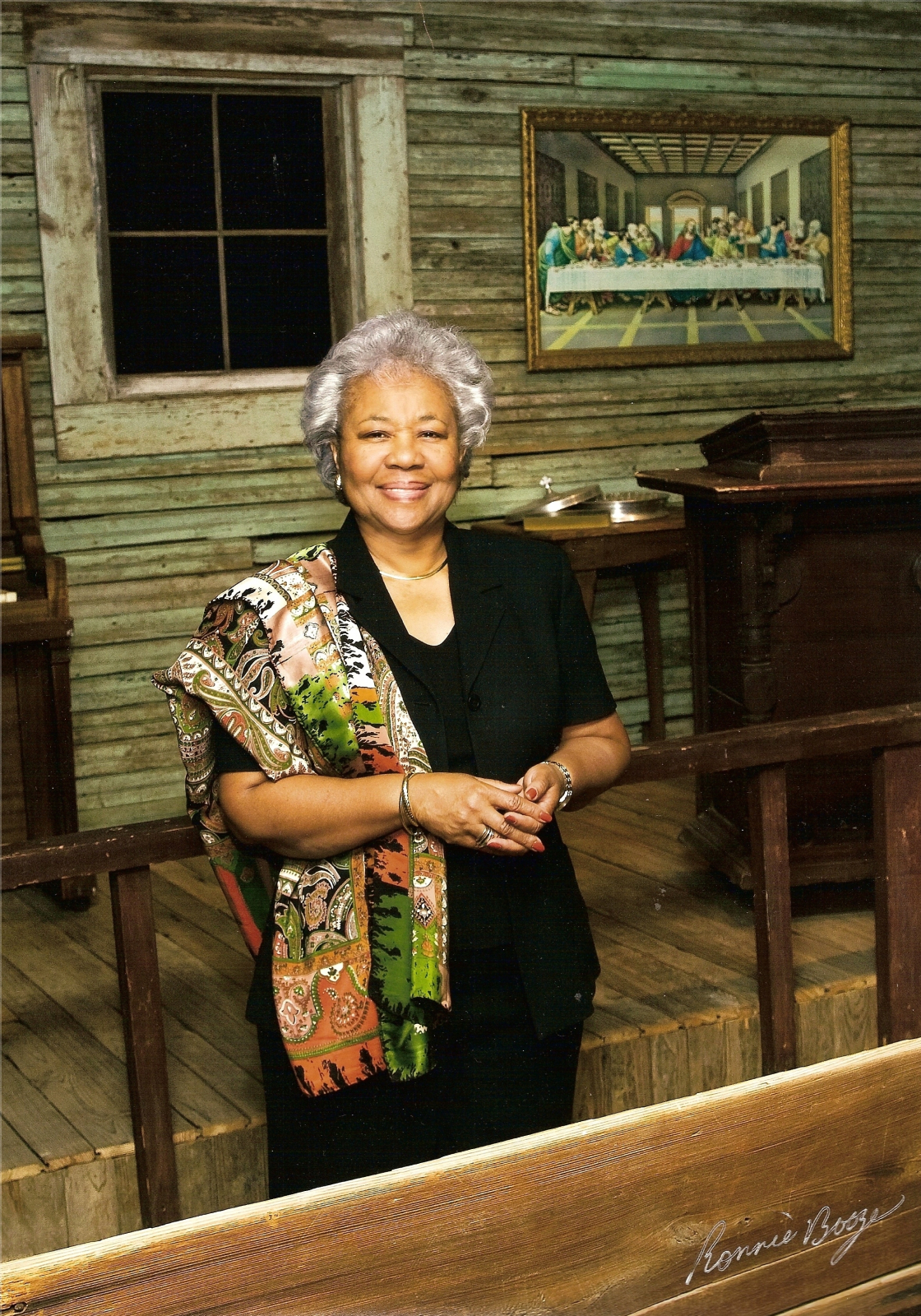 Deanie poses in the reconstructed chapel at Stax Museum