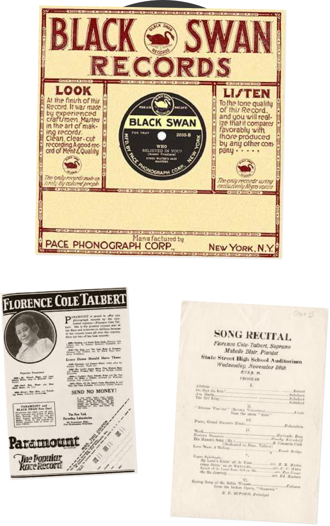 a Black Swan Records record sleeve and programs from Florence Coles career