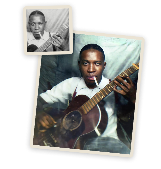 A cigarette hangs from Robert's mouth as he holds a guitar