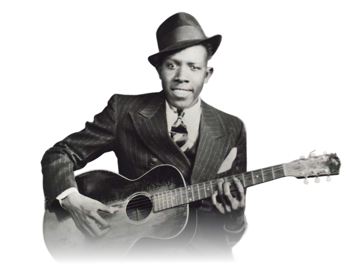 Robert Johnson in a suit and tie poses with a guitar